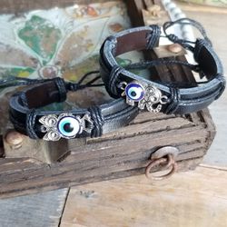 Black Leather Evil Eye Adjustable Bracelet New