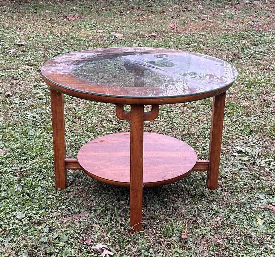 Vintage Wood And Glass Asian Style Mid Century Round Accent Coffee Table
