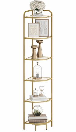 Corner Shelf Stand, 6-Tier Glass Bookshelf Bookcase, Bathroom Organizer, Plant Stand, Steel Frame, Tempered Glass, Modern Style for Living Room, Bathr