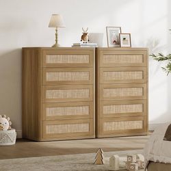 Tall Dresser for Bedroom - Rattan 5 Drawer Dressers Chest of Drawers with Push-to-Open Design, Modern Extra Deep Clothes Dresser with Large Storage fo