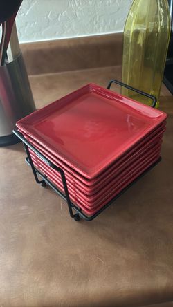 World  Market Red Square Ceramic Plates with Metal Rack