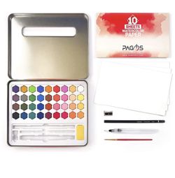 NEW Watercolor Paint Set - Art Kit of 36 Vivid Colors w 10 Sheets Water Color Paper - Refillable Brush Sponge Drawing Pencil, Brush, Gift Set for Adu