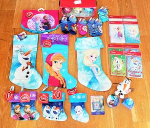 Assortment Of Disney Frozen Holiday Christmas Cards, Stockings, Ty Stuffed Plush Olaf, Stamps, Socks, Ornament, Tree Skirt, Elsa Piggy Bank, Ribbon 