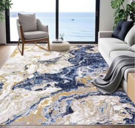 Abstract Blue 4x6 Modern Marble Rug, Ultra-Thin Washable Rug Boho Marble Pattern Area Rug