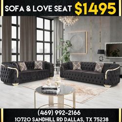 Black Velvet Living Room Sofa And Love Seat - Delivery And Financing Available 