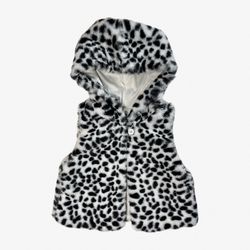 Wonder Nation White Leopard Faux Fur Hooded Vest, Size 18 Months with Button & Lining