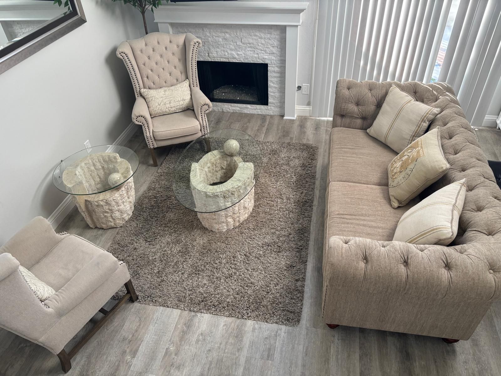 Custom Tufted couch, 2 Winged Armchairs And 2 Stone Glass Tables