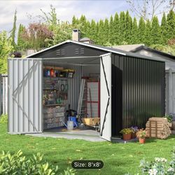 8'X8' Outdoor Storage Shed, Large Garden Shed, with Sloping Roof And Vent. Updated Reinforced And Lockable Doors Frame Metal Storage Shed for Patio, B