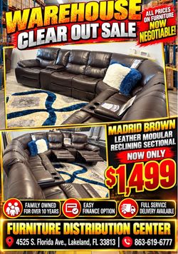 Warehouse clear out sale! Madrid Brown, leather modular reclining exceptional now only $1499. Easy finance option and full service delivery available.