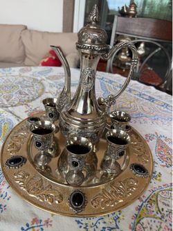 Elegant Silver Decorative Serving Set with Tray & 6 Goblets