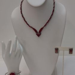 950 SS Vintage Panel Necklace With Inlay 925 Southwest Hook Bracelet & Drop Earrings