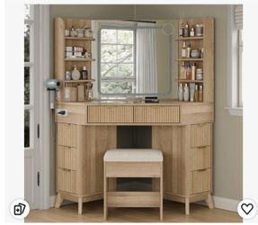 Corner Vanity Desk with Mirror and Lights, 47" Fluted Vanity with 8 Drawers & 6 Shelves, Makeup Vanity with Glass Top, Charging Station, 3 Color Light