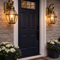 Two Brass And Bevel Glass Lamps For Outside
