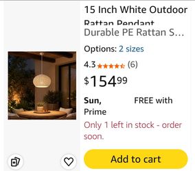6937: New 15 Inch White Outdoor Rattan Pendant Light, for Porch and Garden
Durable PE Rattan Shade, Indoor and Outdoor Versatility, Protective Globe L