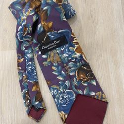 Christian Dior Men's Silk Floral Tie Purple Blue Brown Gold Woven Flower Pattern