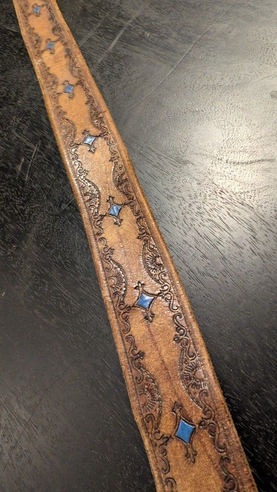 Vintage Belt Genuine Leather Hide Hand Tooled 60s 70s Retro 