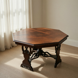 Dark Brown Octagonal Wood Accent Table with Carved Base in fair condition