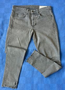 rag & bone Fit 1 extra slim jeans, grey wash, five-pocket layout, and raw, frayed ankle hems 32