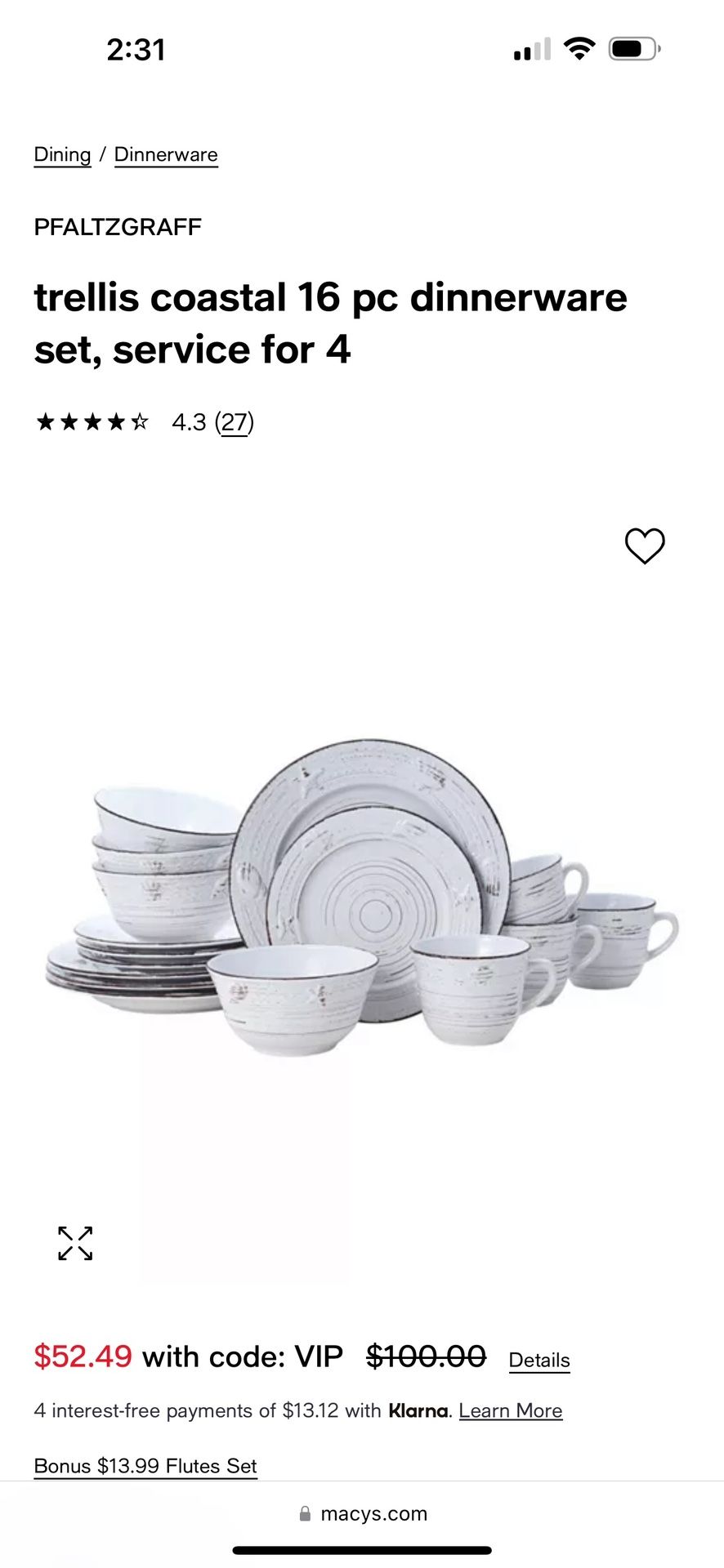 Pfaltzgraff Trellis Coastal 48 Piece Dinnerware Set, Service For 12