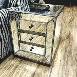 Glam 3-Drawer Silver Mirror Finished Wood Nightstand

