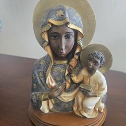 A.Santini Black Madonna With Child Sculpture. Signed 