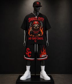 Smack City “No Bad Days” Fire Sloth T-Shirt & Shorts Set - Black/Red Streetwear