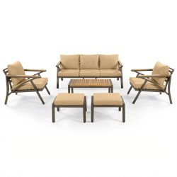6-Piece Outdoor Patio Furniture Set, Steel Frame Sofa Set with 3-Seat Couch, 2 Armchairs, 2 Ottomans & Acacia Wood Coffee Table, Cushioned Seating for