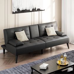 64" Futon Sofa Bed, Leather Foldable Couch, Upholstered Loveseat Sofa Couch with Folding Cup Holders, Reclining Sleeper with Removable Armrests for Ho