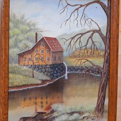 Vintage Painting Farm House Water