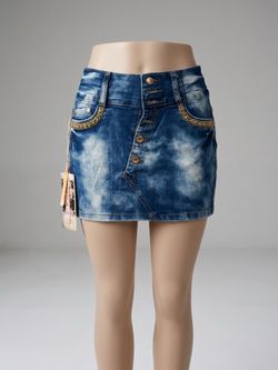 Acid Wash Denim Mini Skirt with Embellishments
