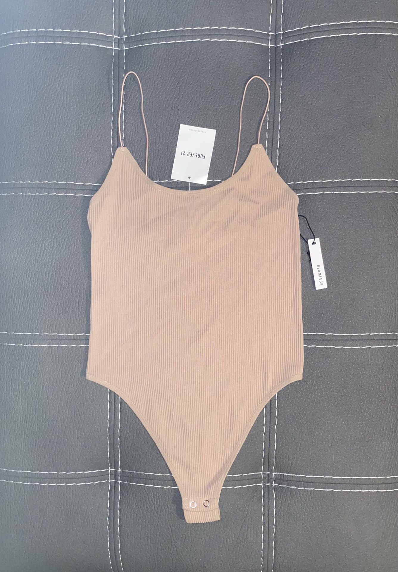 New Forever 21 Bodysuit Thong Medium Large M/L Seamless Beige Ribbed Stretchy