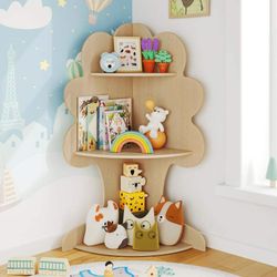 3-Tier Corner Kids Bookshelf and Toy Storage Organizer for Kids Room - Natural Wood Tree