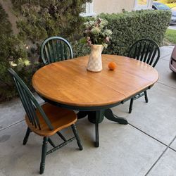 Solid Wood Extendable Kitchen Table with 3 Matching Chairs – Two-Tone Green & Natural Oak