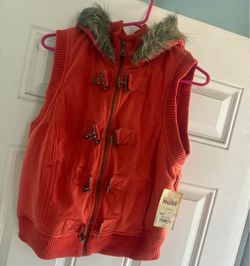 MUDD Orange Hooded Zip-Up Vest Faux Fur Trim on Hood