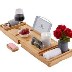 Bamboo Bathtub Caddy. Luxury Bath Tray with Handles, Book Rack, Wine Glass Holder, Soap Dish etc