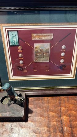 Antique golfing bank and picture