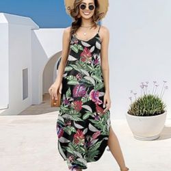 Camdoria Casual V-neck Spaghetti Strap Beach Long Dress for Women with Pockets