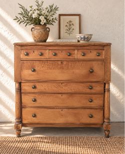 Antique European Country Oak Chest • 7-Drawer Dresser