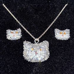 Customized Cat Rhinestone Necklace And Earrings Set In 925