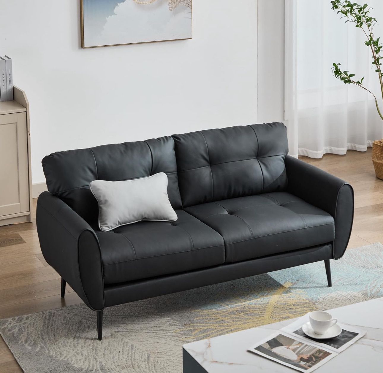 Modern Black Faux Leather Loveseat Couch Sofa 
