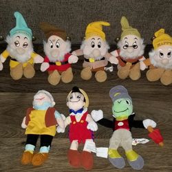 Vintage Disney Walt Disney World The Seven Dwarfs Plush, Geppetto,Jiminy Cricket,Pinocchio