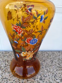 Amber Glass Vase with Floral and Butterfly Design