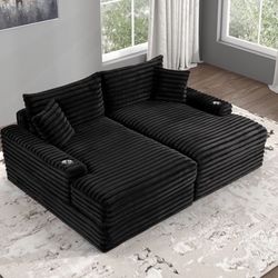 Double Chaise Sofa Black Wide Corduroy Cup Holders USB Charging Port Pillows Included Brand New In Box Firm Price $799