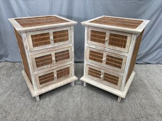 Vintage Solid Wood Whitewashed Rattan 3-Drawer Nightstand (Set of 2)