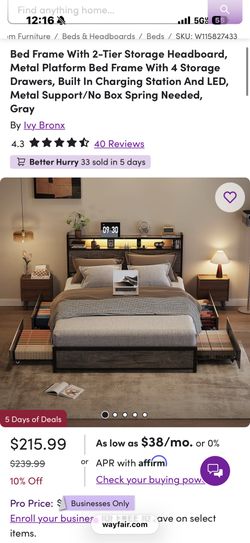 Bed Frame With 2-Tier Storage Headboard, Metal Platform Bed Frame With 4 Storage Drawers, Built In Charging Station And LED, Metal Support/No Box Spri