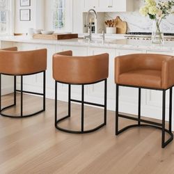 SET OF 3, New 26 in. Brown Modern Counter Bar Stool Faux Leather Upholstered Barrel Counter Stool with Metal Frame 
