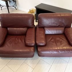 Set Of Two World Of Leather Chairs Genuine Burgundy Super Soft Premium Leather UK / Two Decorative Red Velvet Pillows Feathers Filled Included.