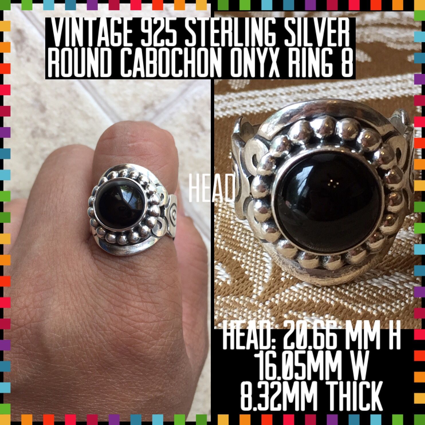 Vintage 925 Sterling Silver Onyx Cabochon Ring 8