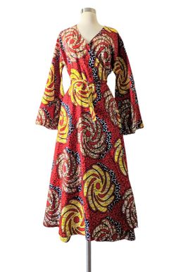 NEW African Dress Ankara Cotton Wrap Long Red Yellow Black Ethnic FREE SIZE