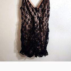 Lulu's Frilled To Be Here Ruched Black Floral Lace With Nude Mini Dress